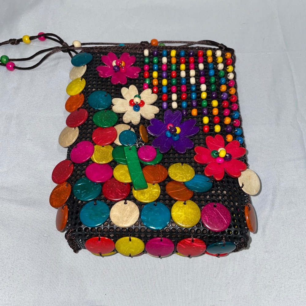 Boho Beaded Coconut Shell Crossbody Bag Multi Color Floral Festival Purse